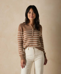 Josefine Henley Sweater: Tan/Cream Stripe