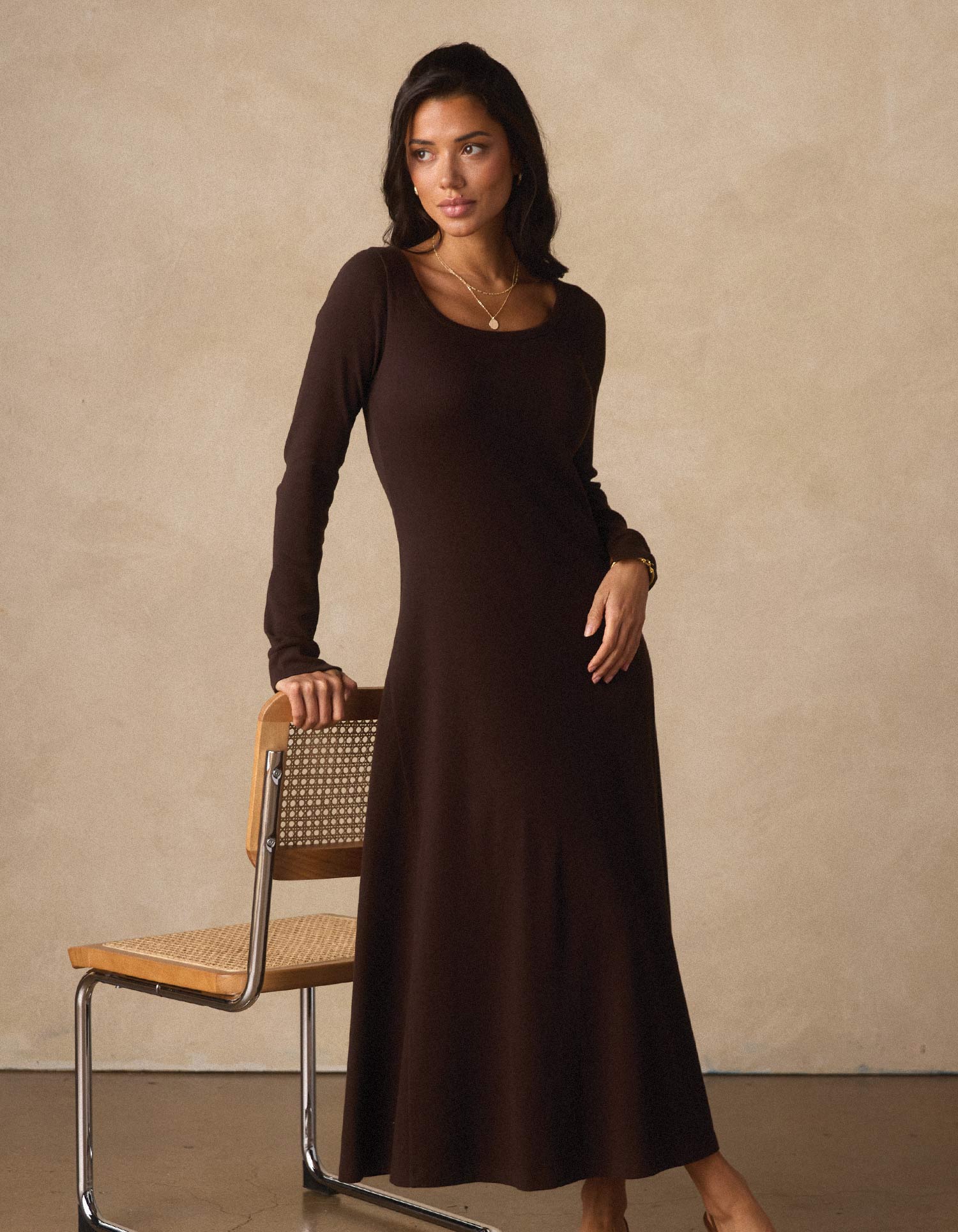 Normal Rib Long Sleeve Dress in Dark Brown S Normal Rib Long Sleeve Dress in Dark Brown S