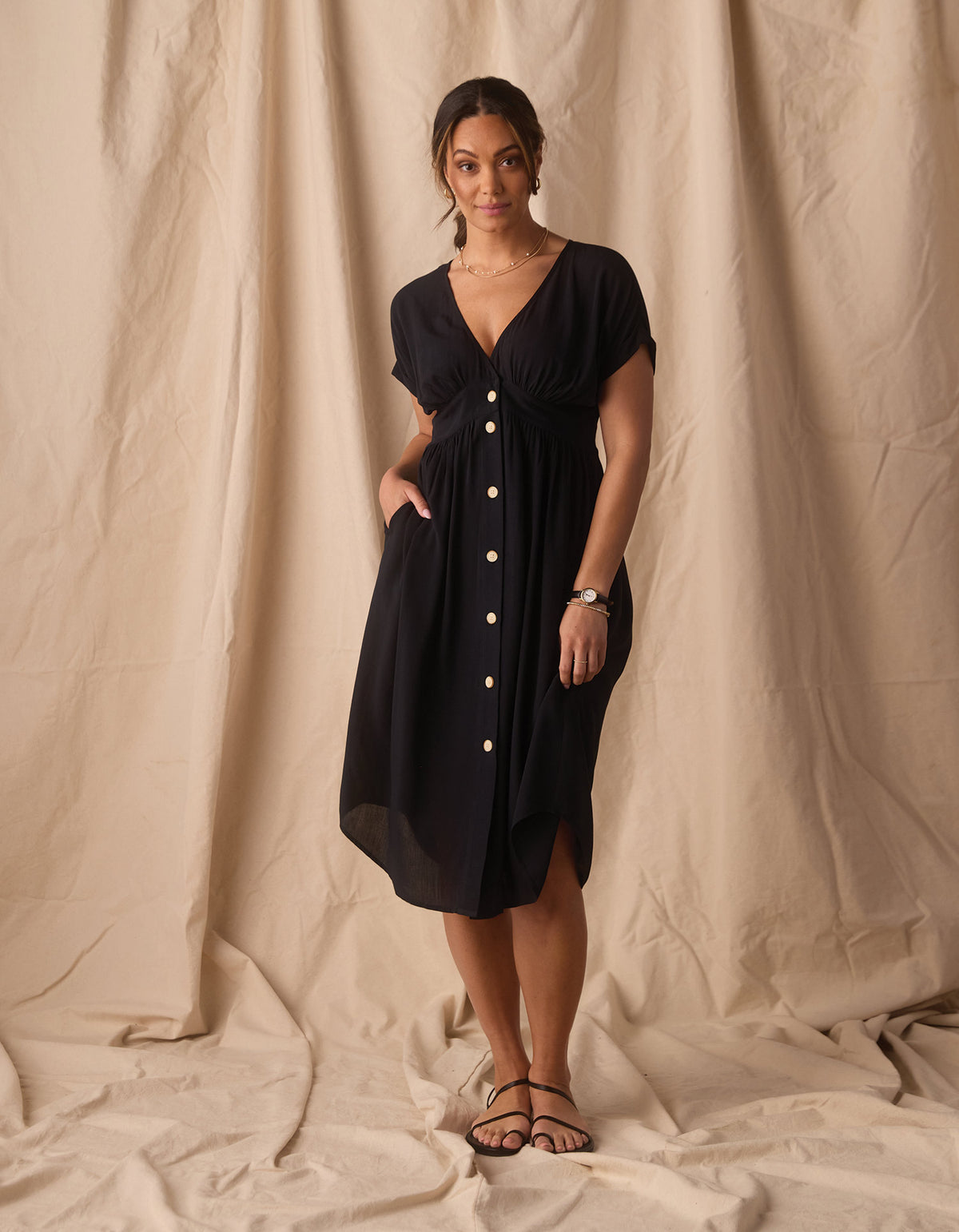 Deep V Button Thru Dress in Black