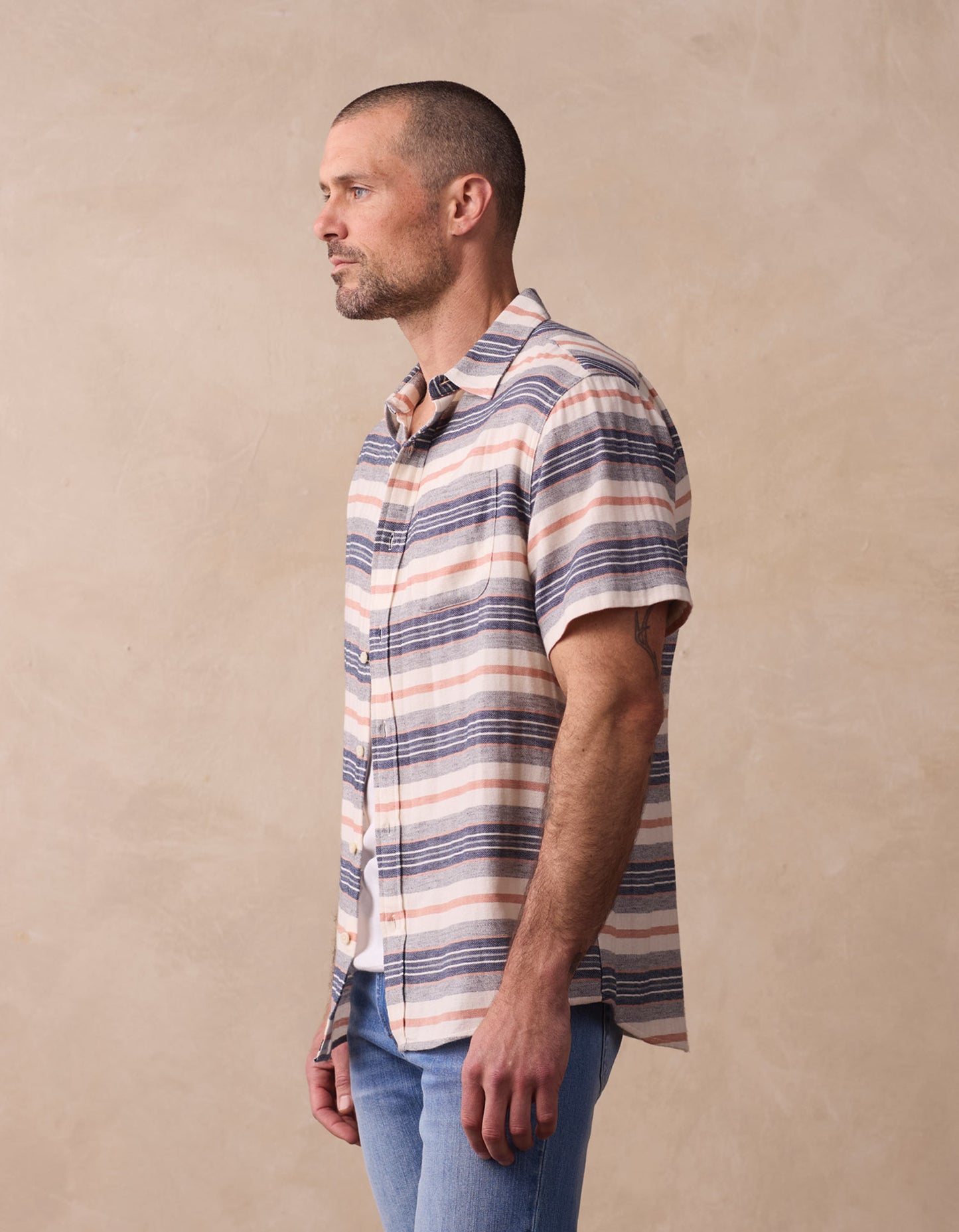 Freshwater Short Sleeve Button Up Shirt in Adobe Rose Stripe
