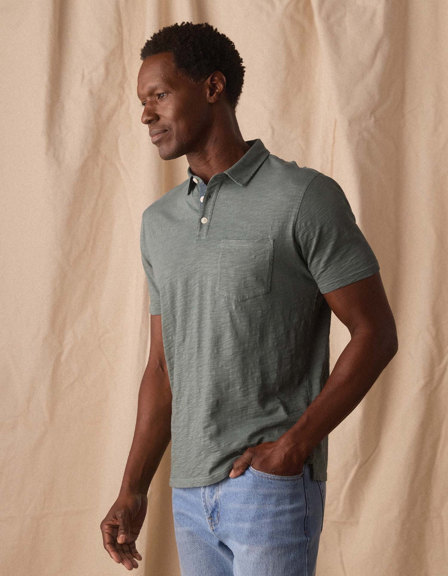 Vintage Slub Pocket Polo in Mediterranean Green