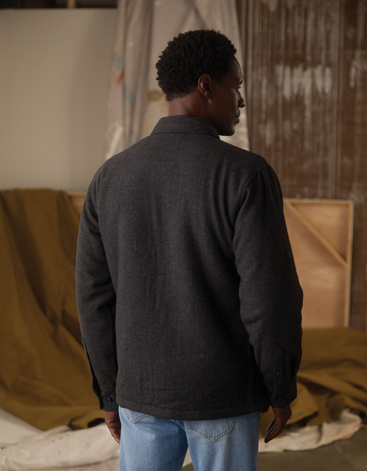 Herringbone Sherpa Lined Jacket in Charcoal Herringbone