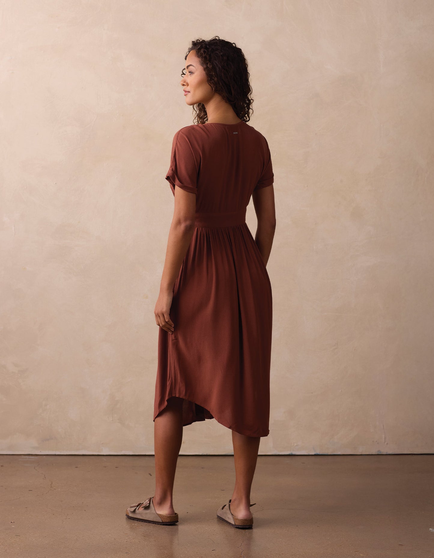 Deep V Button Thru Dress in Clay