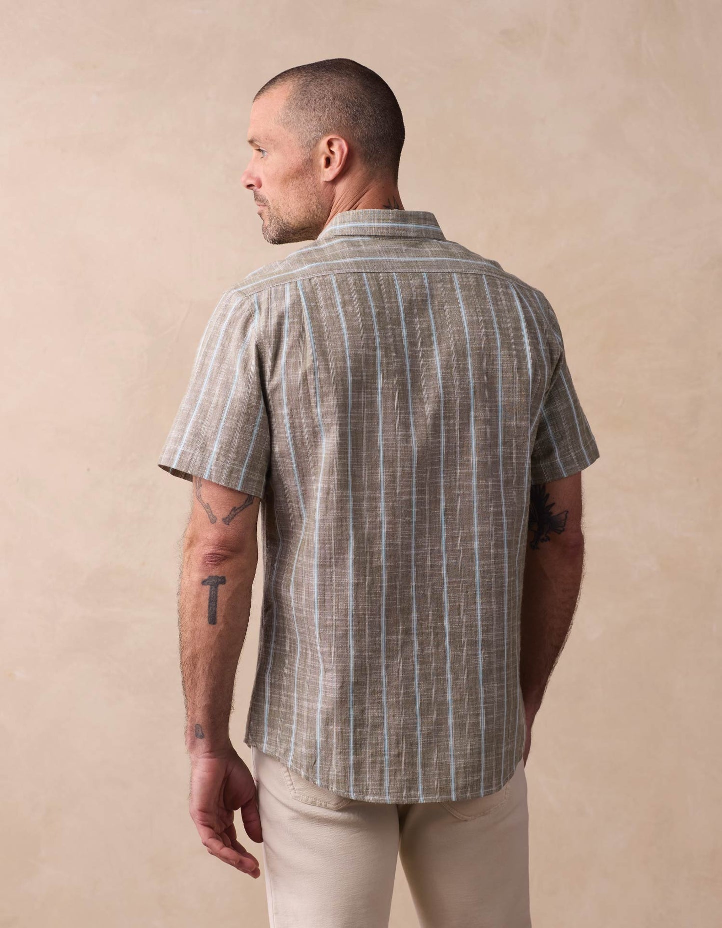 Freshwater Short Sleeve Button Up Shirt in Deep Sage Stripe