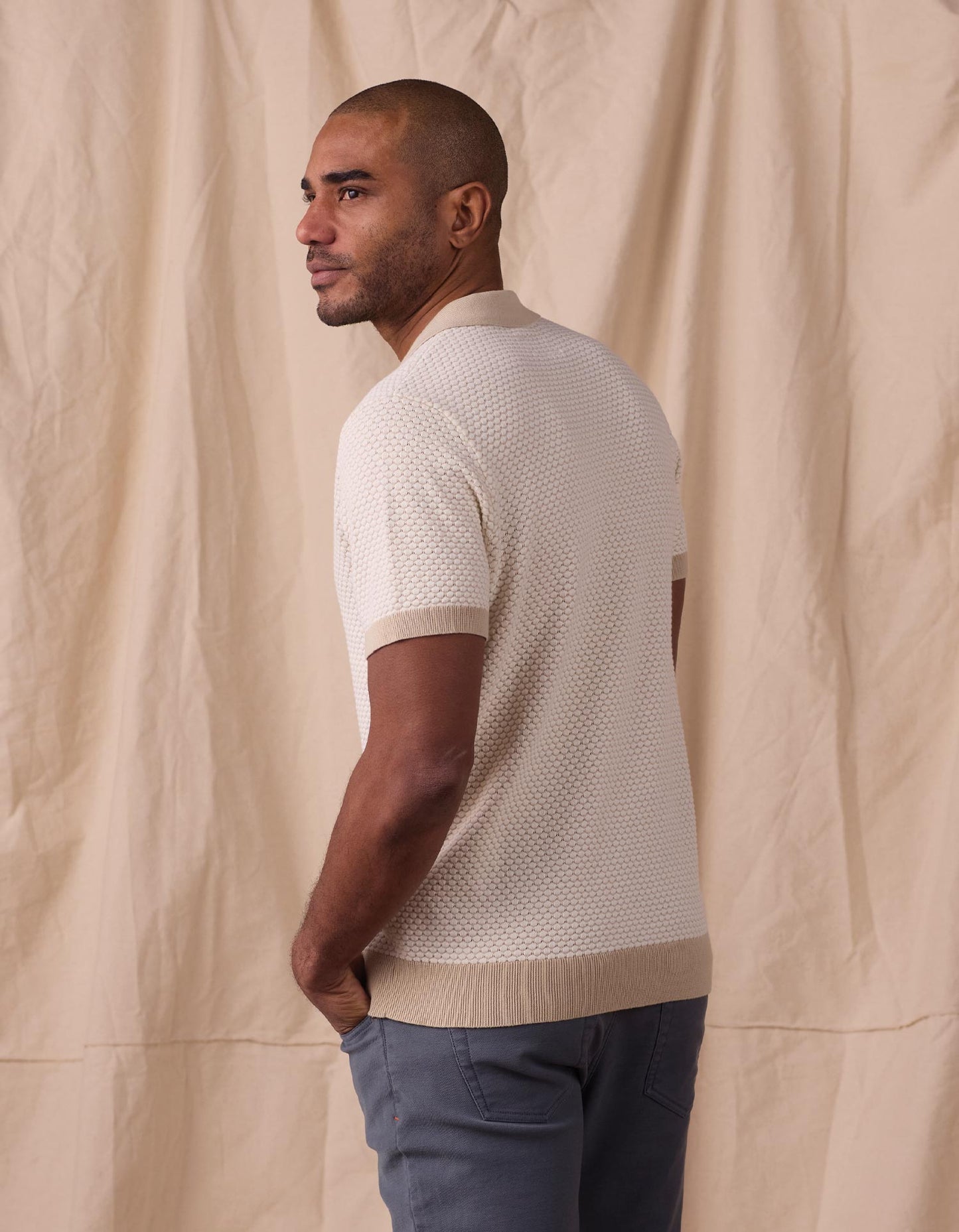 Robles Knit Jacquard Button Up in Ivory/Khaki