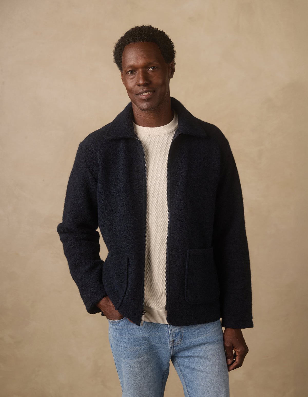 Brushed Knit Boucle Jacket in Navy