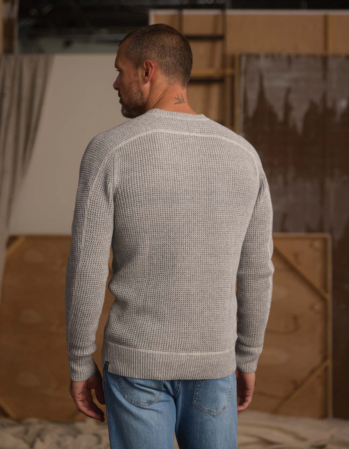 Waffle Crewneck Sweater in Light Grey Marled