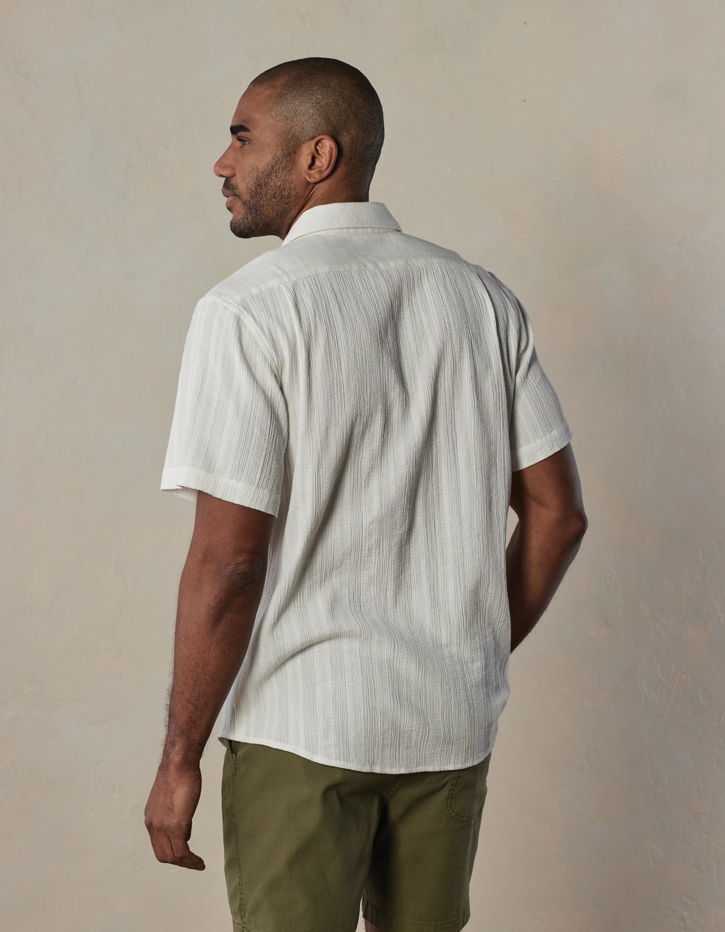 Freshwater Short Sleeve Button Up Shirt in Ivory Crinkle Dobby