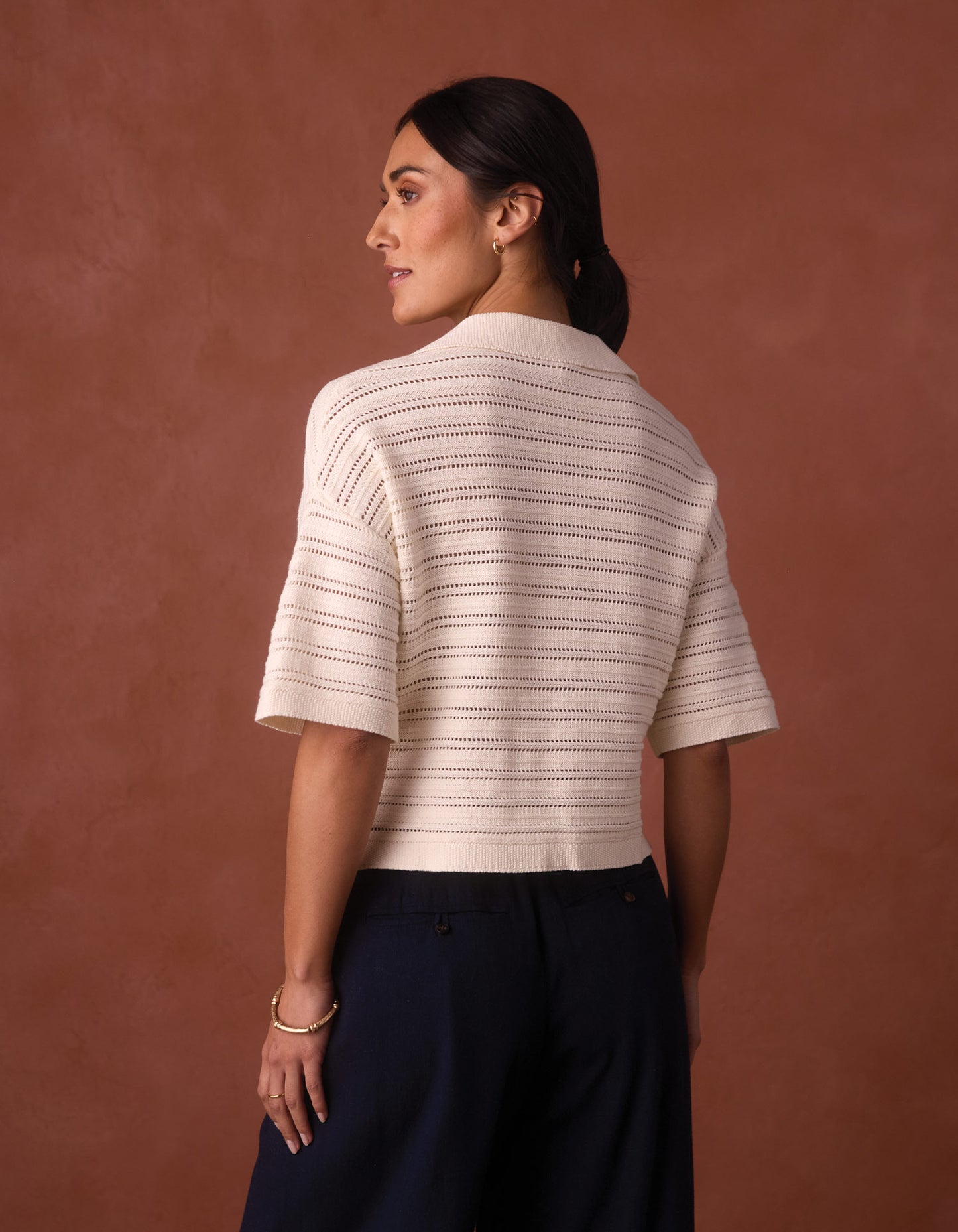 Emma Openwork Short Sleeve Polo in Cream