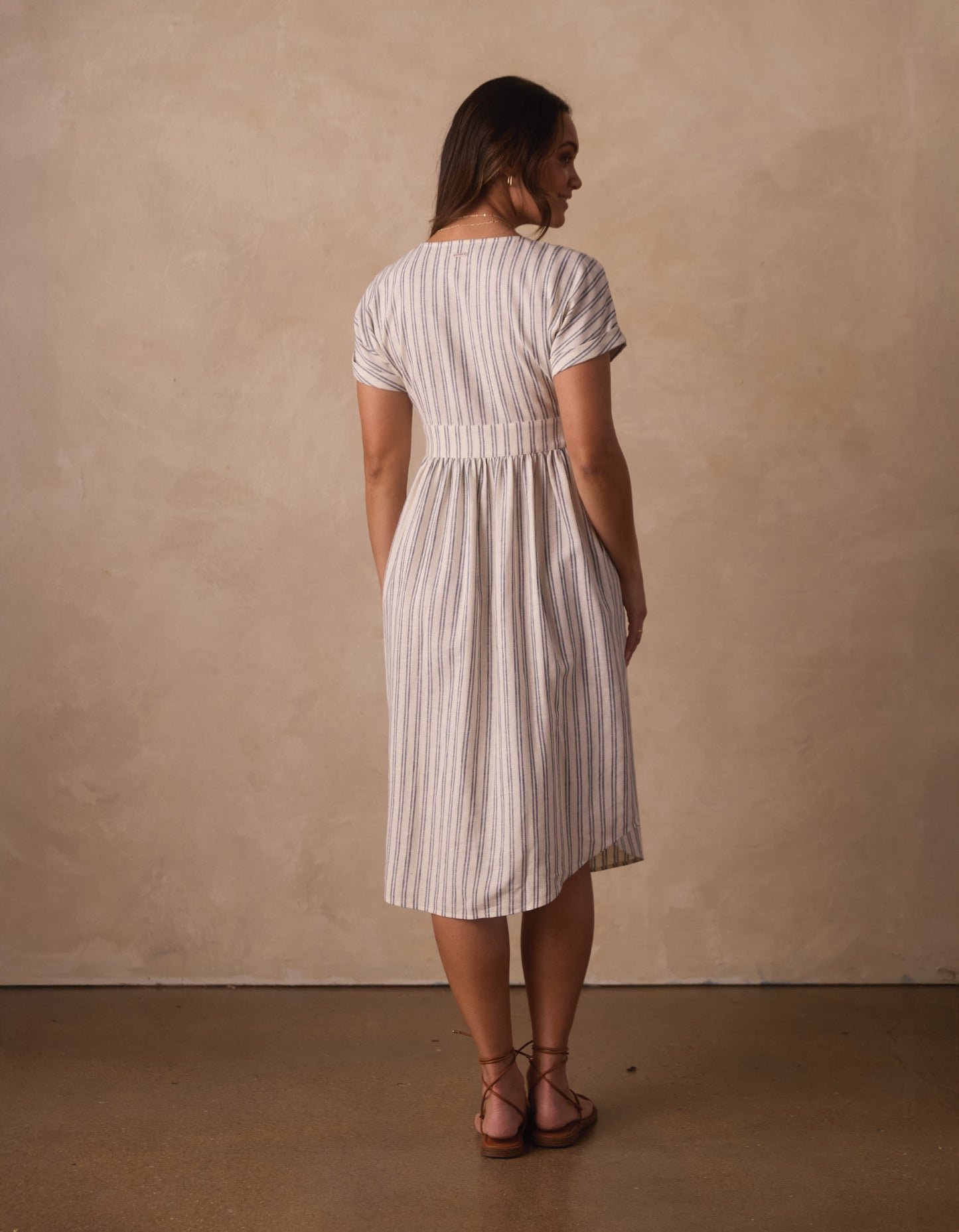 Freshwater Deep V Button Thru Dress in Vintage Blue Stripe