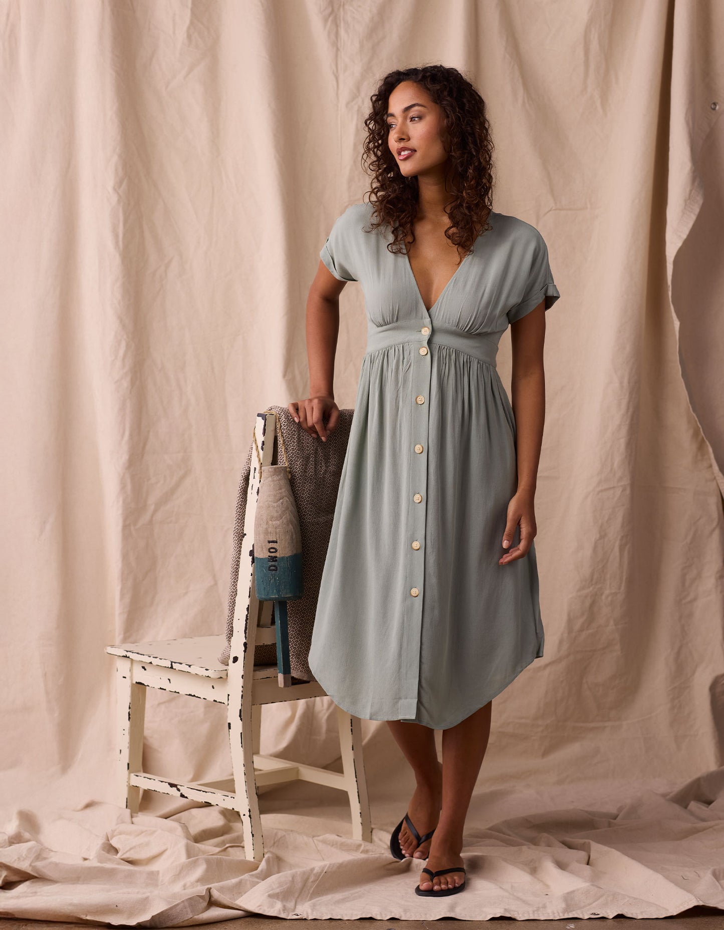 Deep V Button Thru Dress in Juniper