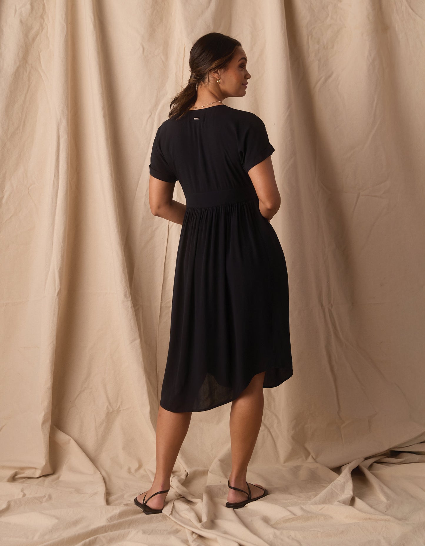 Deep V Button Thru Dress in Black