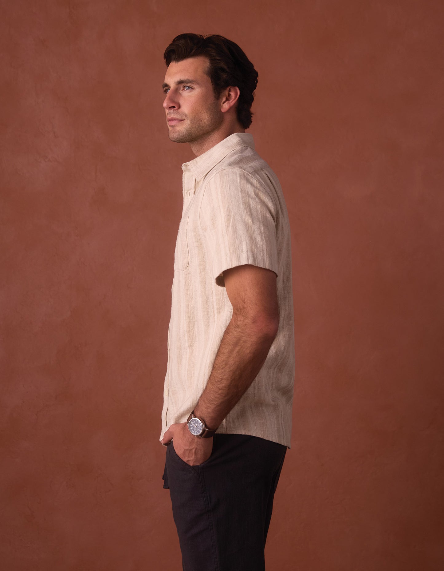 Freshwater Short Sleeve Button Up Shirt in Sandstone Stripe