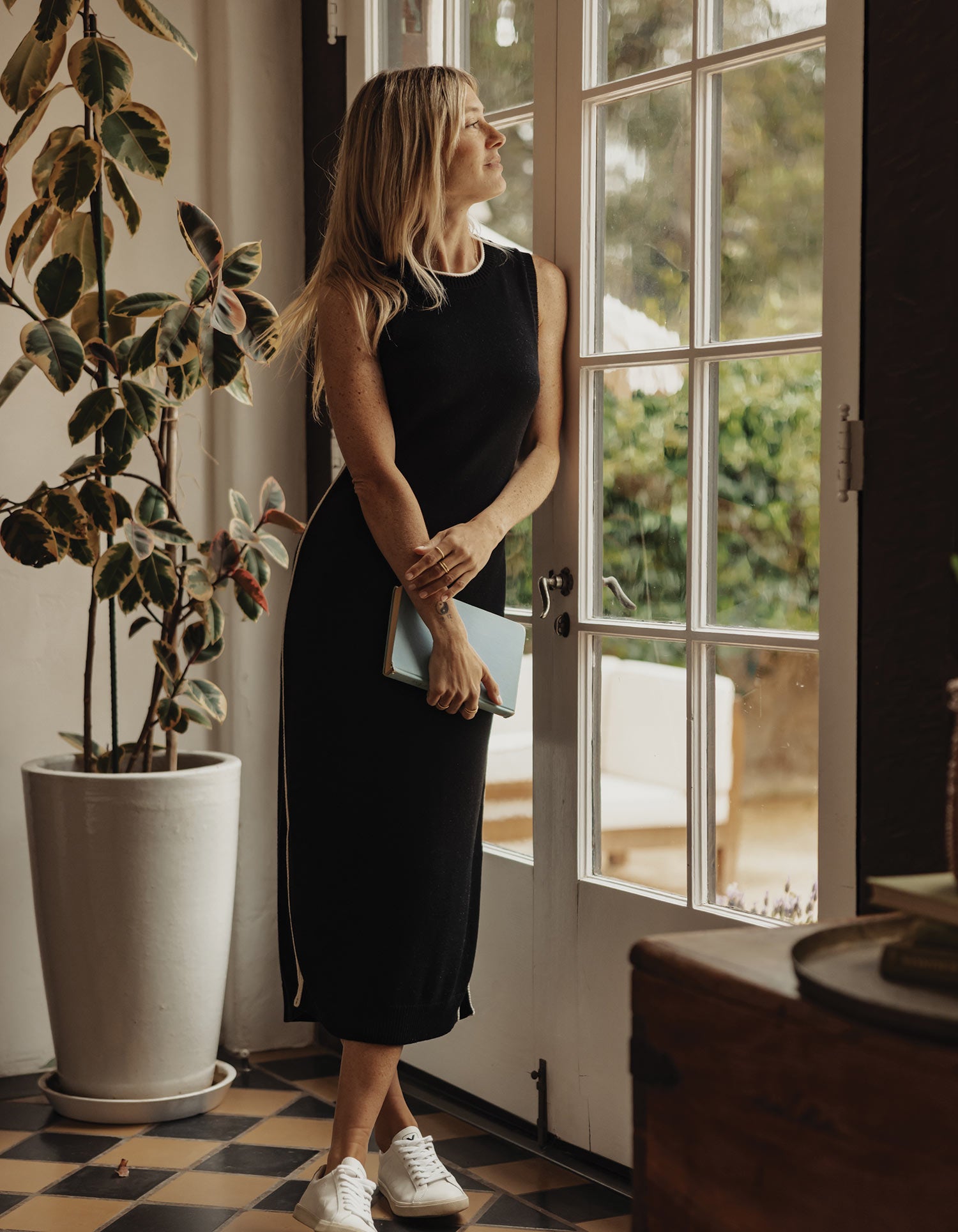 minimal midi dress Tan Minimal Stripe Linen Midi Dress Smock Back