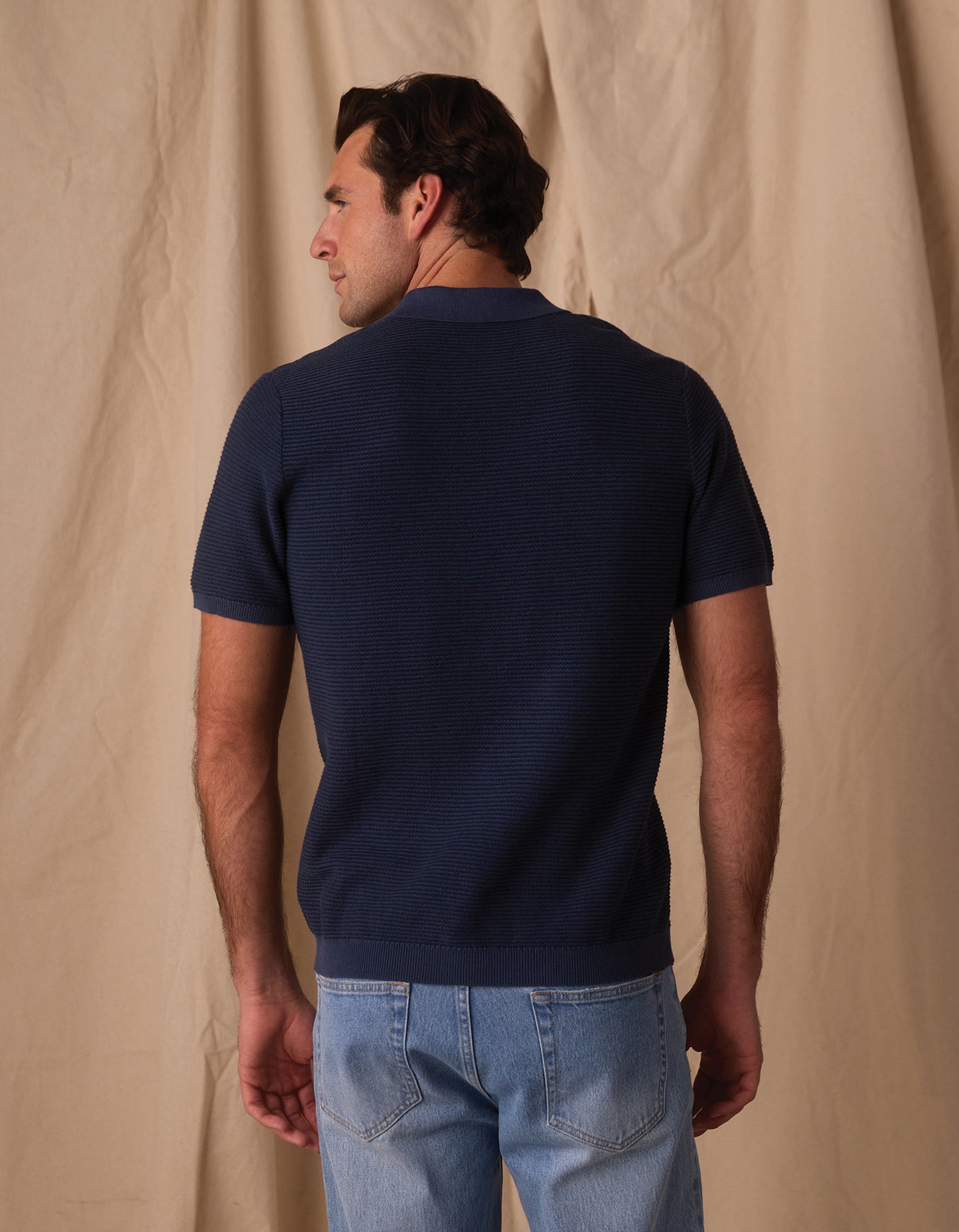 Robles Birdseye Knit Polo in Denim/Dark Navy