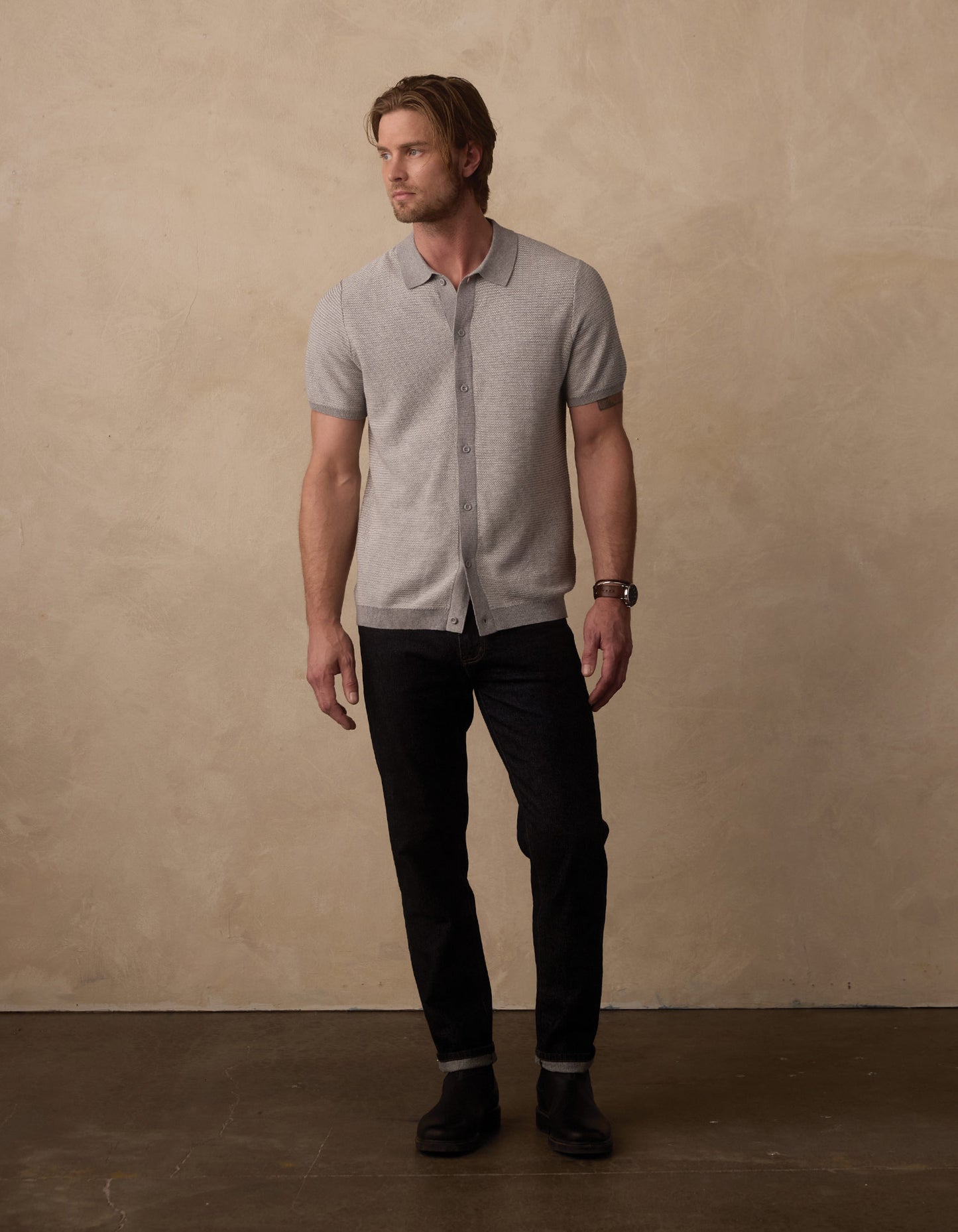 Robles Birdseye Knit Button Up in Light Grey