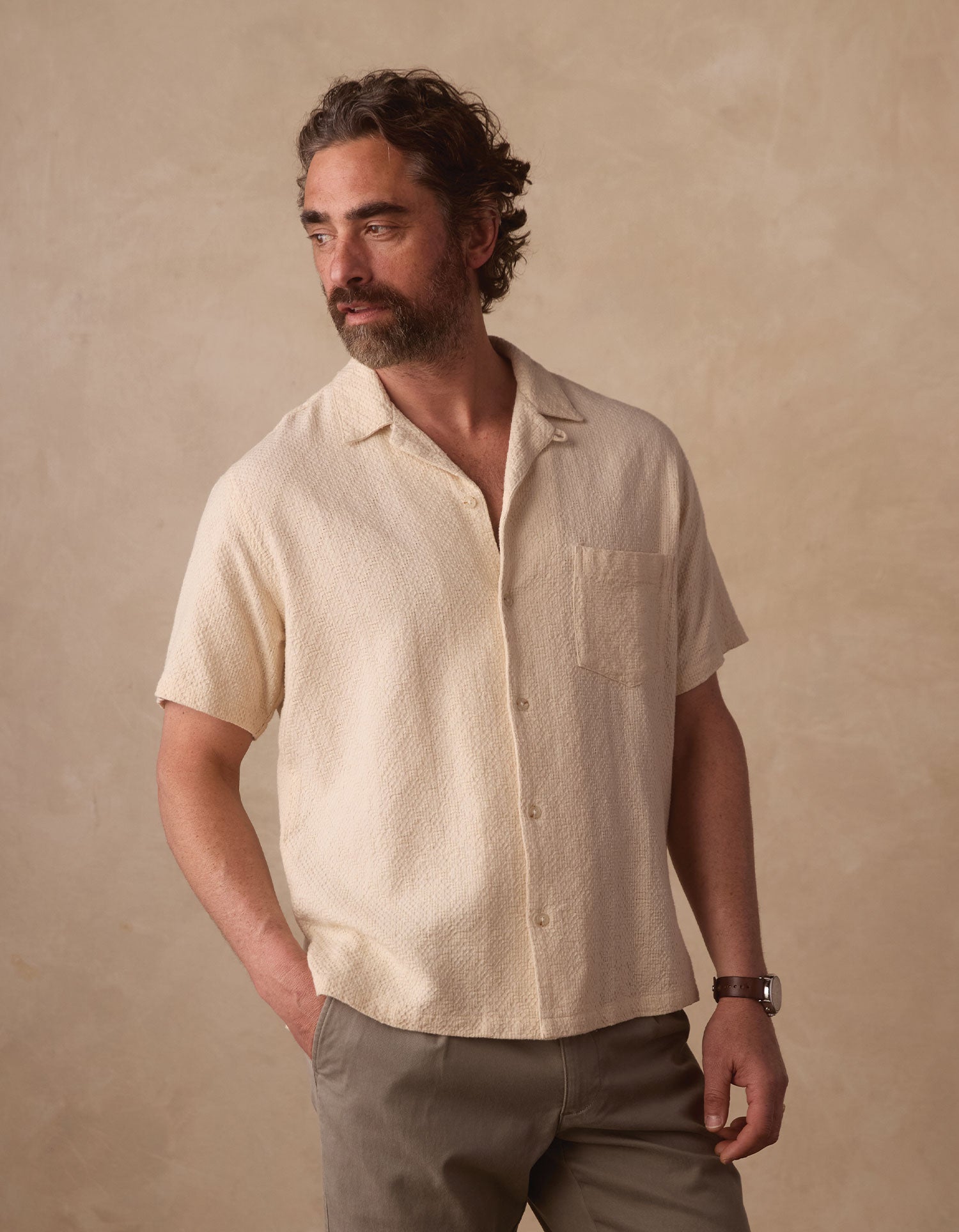 warm weather dress shirts Tonal Textured Knit Short Sleeve Button-Up Shirt White / XL