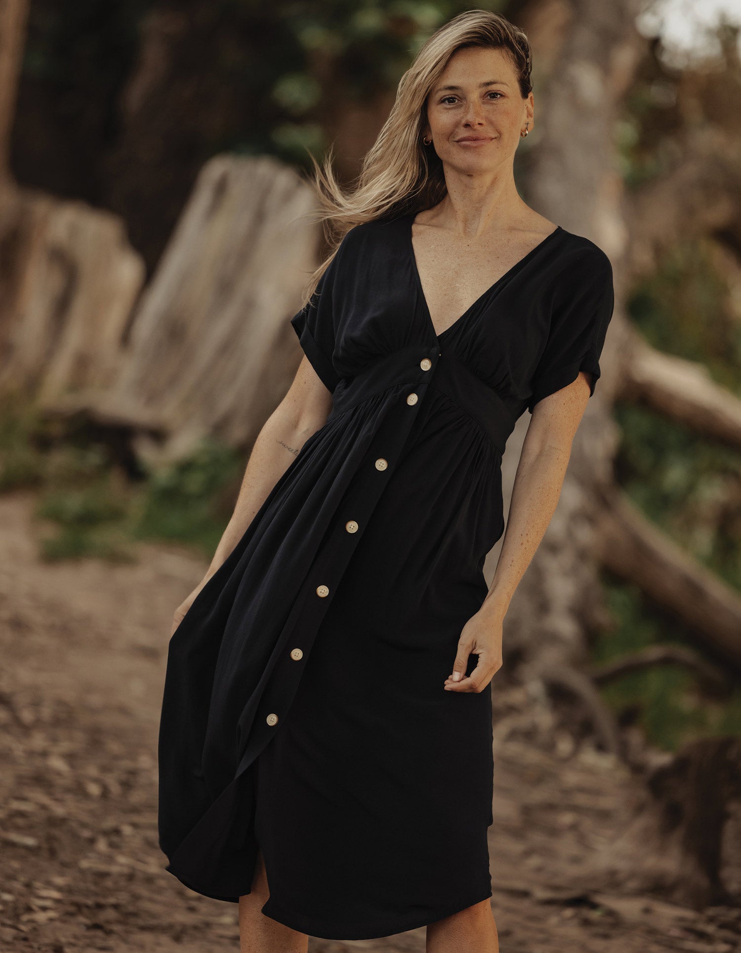 The Normal Brand Deep V Button Thru Dress - Black