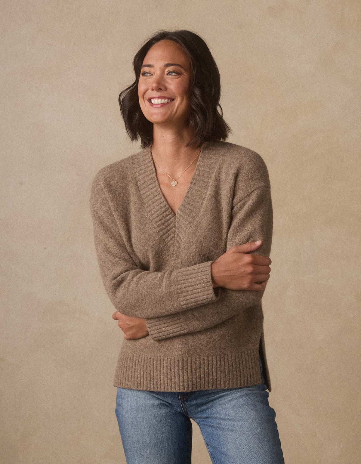 Homebound V-Neck Sweater in Toasted Chestnut — three-quarter view on model