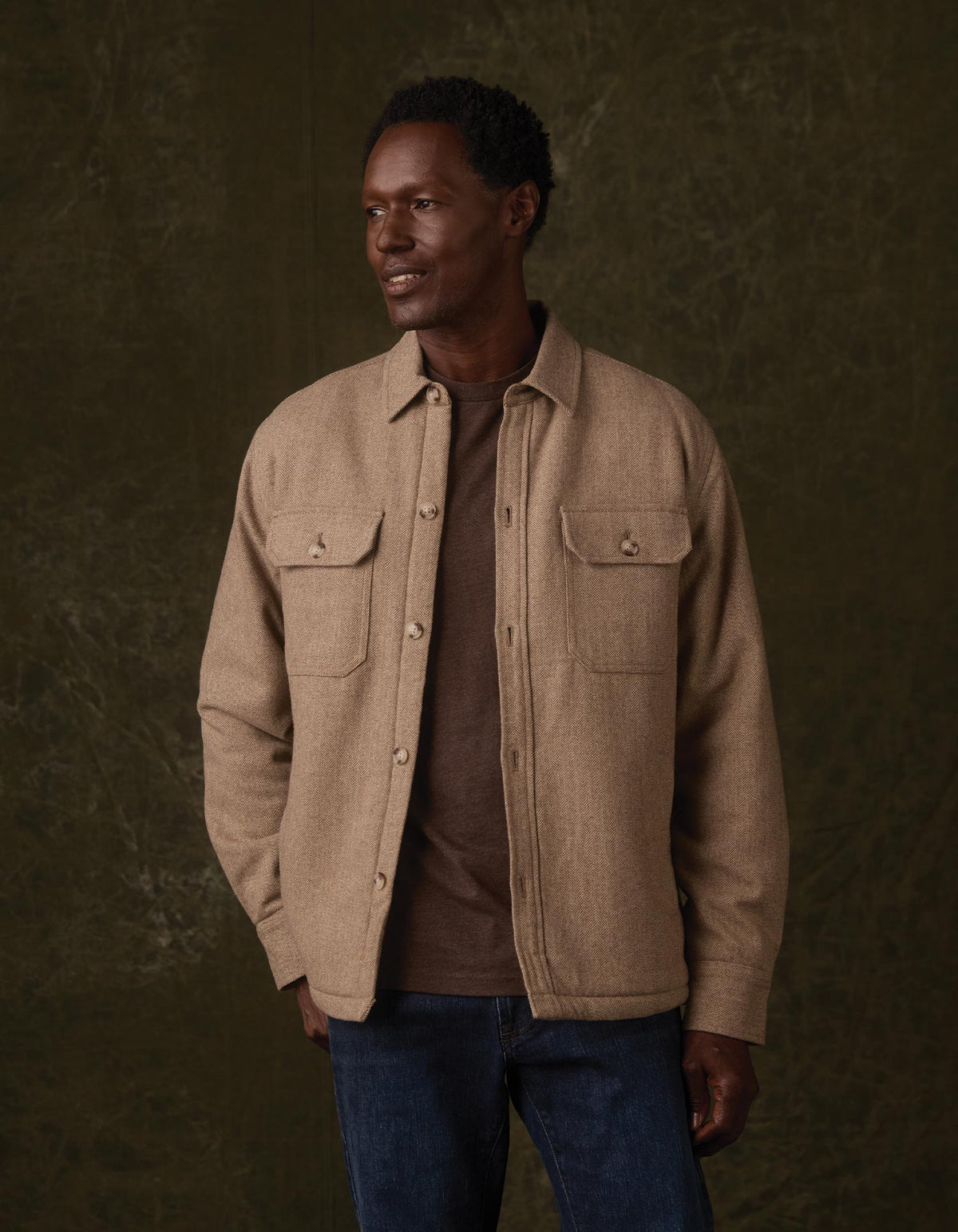 Herringbone Sherpa Lined Jacket in Taupe Herringbone