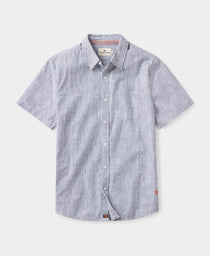 Lived-In Cotton Short Sleeve Button Up: Navy Railroad Stripe