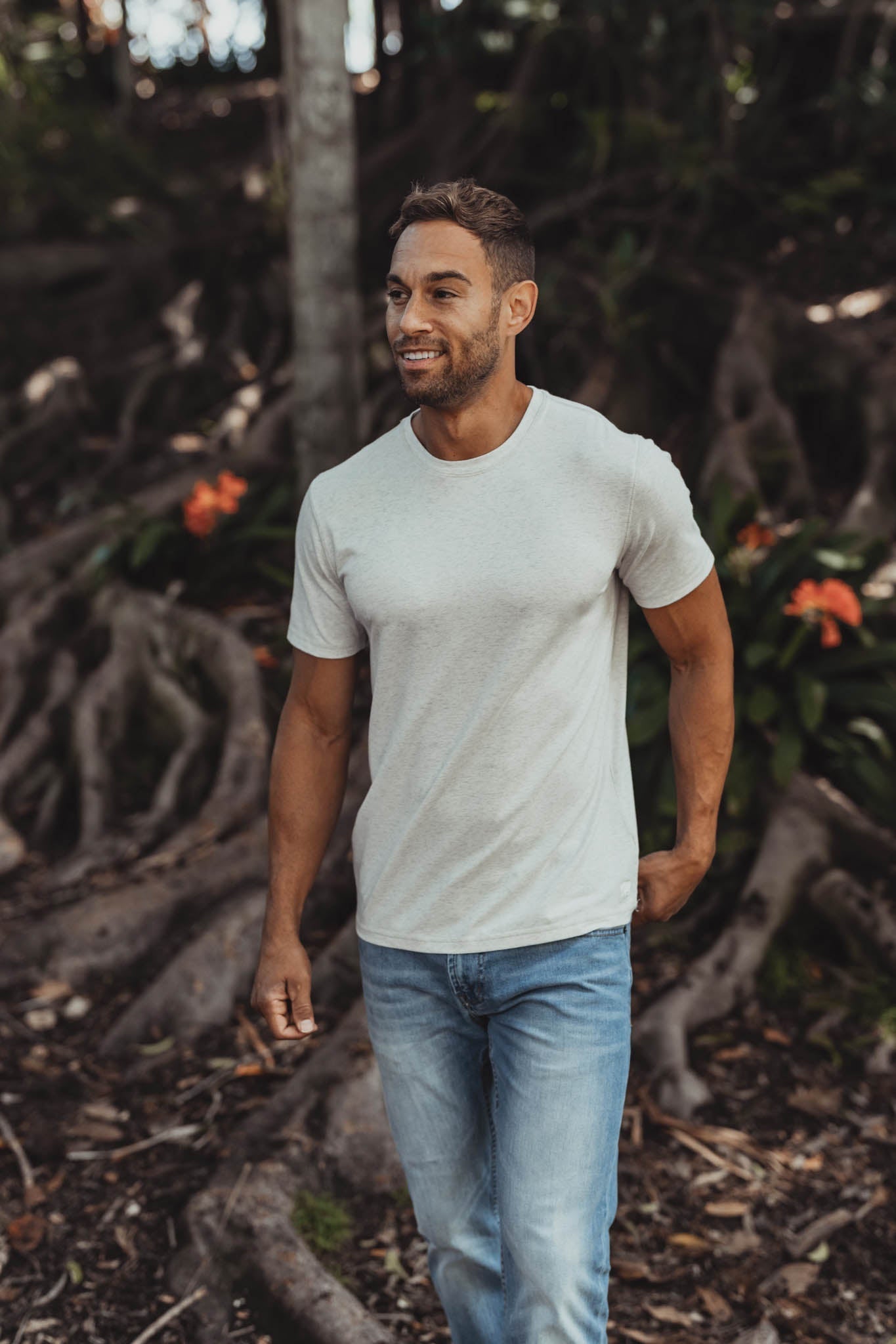 Active Puremeso Crew Neck Tee in Stone On Model outside