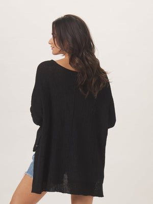 Roadtrip V Neck Sweater in Black On Model from Back