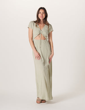Ezra Crepe Cinch Dress in Sage On Model from Front