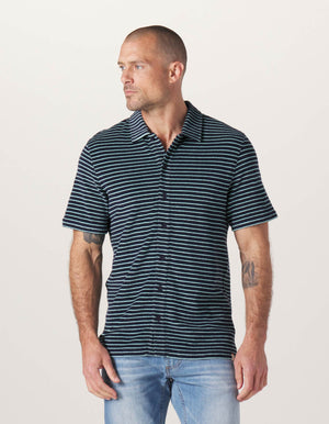 Towel Terry Button Down in Navy-Turquoise Stripe On Model from Front