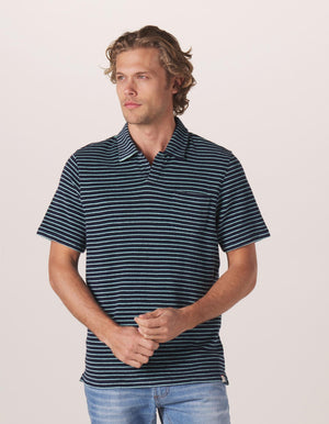 Towel Terry Polo in Navy-Turquoise Stripe On Model from Front