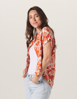 Sonoran Slub Camp Shirt in Cayenne Floral Print On Model from Side