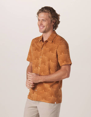 Towel Terry Button Down in Palm Canyon Print On Model from Side