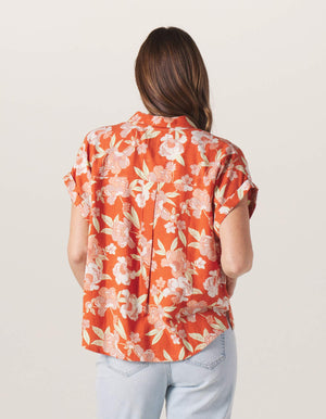 Sonoran Slub Camp Shirt in Cayenne Floral Print On Model from Back