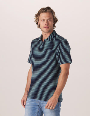 Towel Terry Polo in Navy-Turquoise Stripe On Model from Side