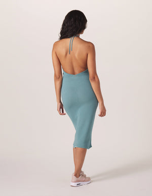 Desi Halter Dress in Turquoise on Model from Back