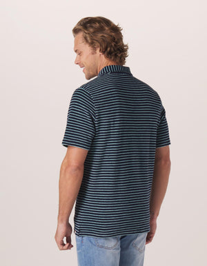 Towel Terry Polo in Navy-Turquoise Stripe On Model from Back