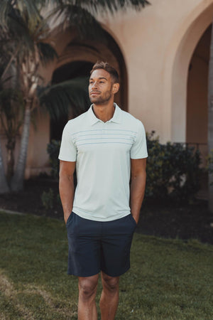 Fore Stripe Performance Polo in Sea Glass On Model outside