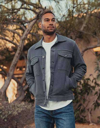 Comfort Terry Trucker Jacket in Steel On Model outside