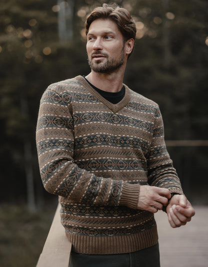 Fair Isle V-Neck Sweater in Teak Multi