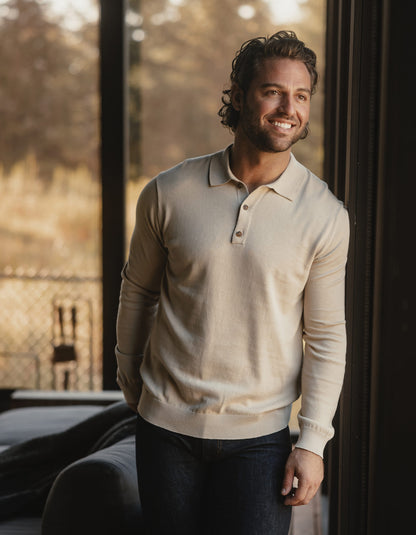 Robles Knit Long Sleeve Polo in Oatmeal