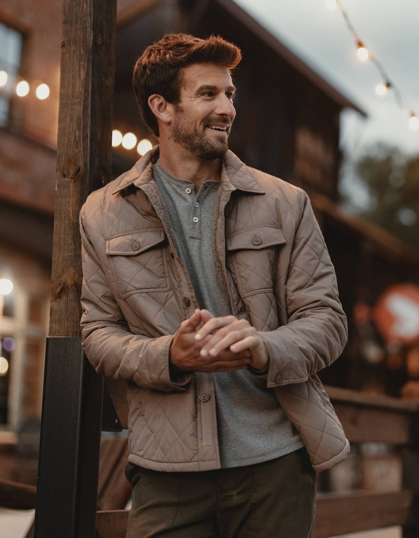 Quilted Sherpa Lined Shacket in Pine Bark