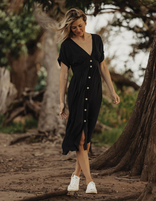 Deep V Button Thru Dress in Black