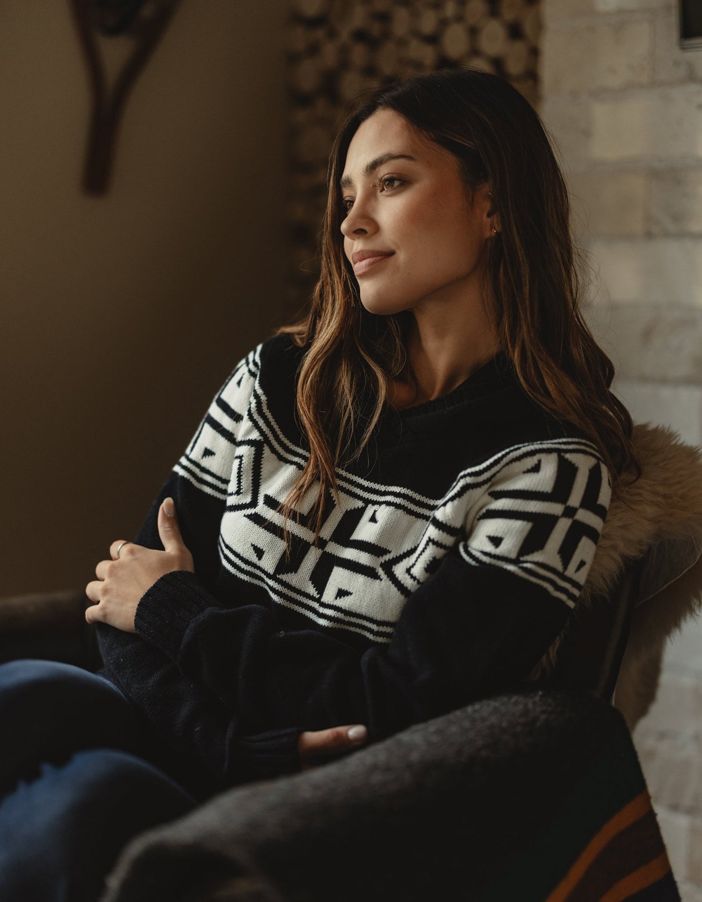 Fair Isle Surplice Hoodie in Black/White