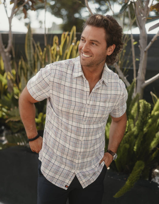 Freshwater Short Sleeve Button Up Shirt in Clear Sky Plaid