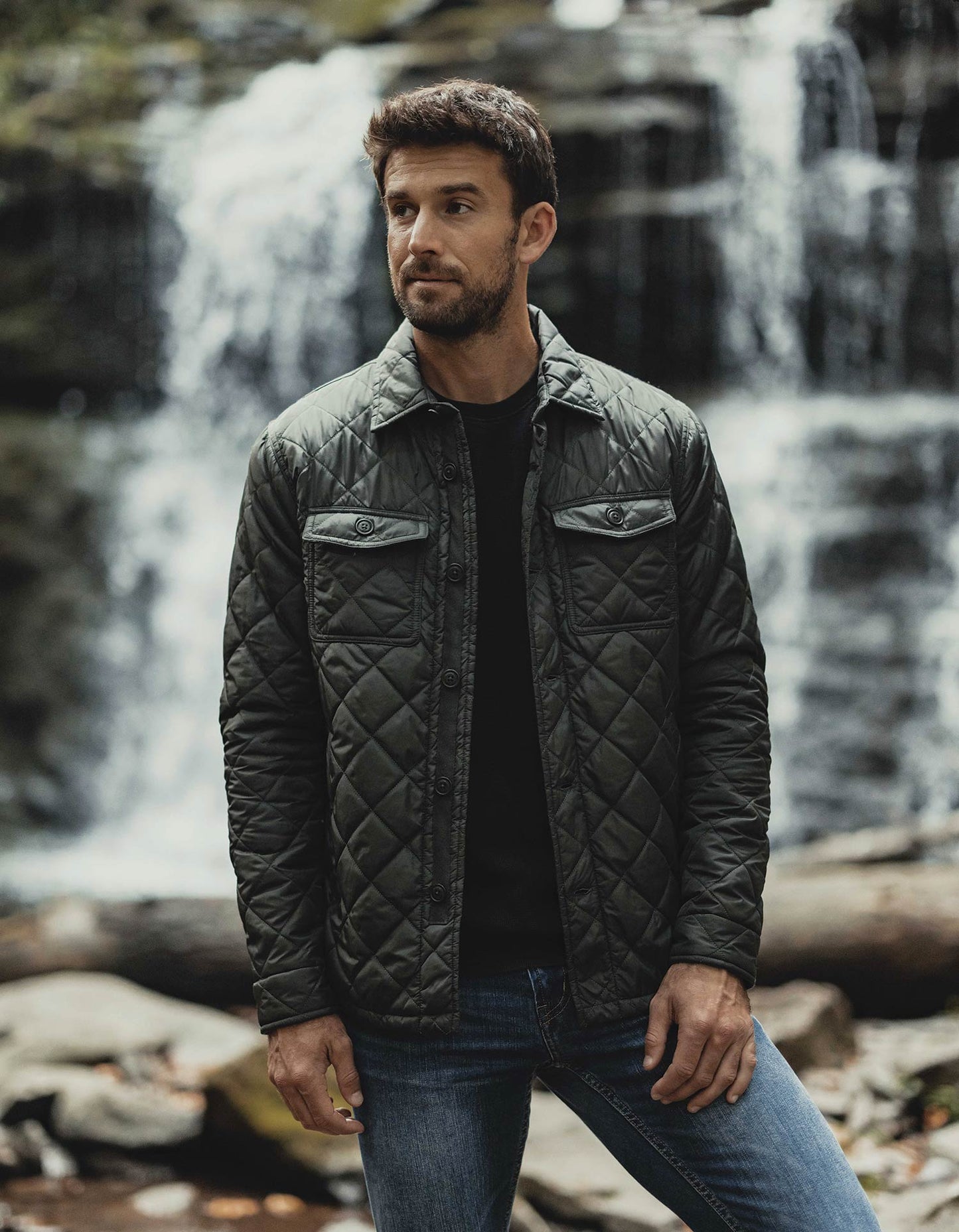 Quilted Sherpa Lined Shacket in Dark Forest