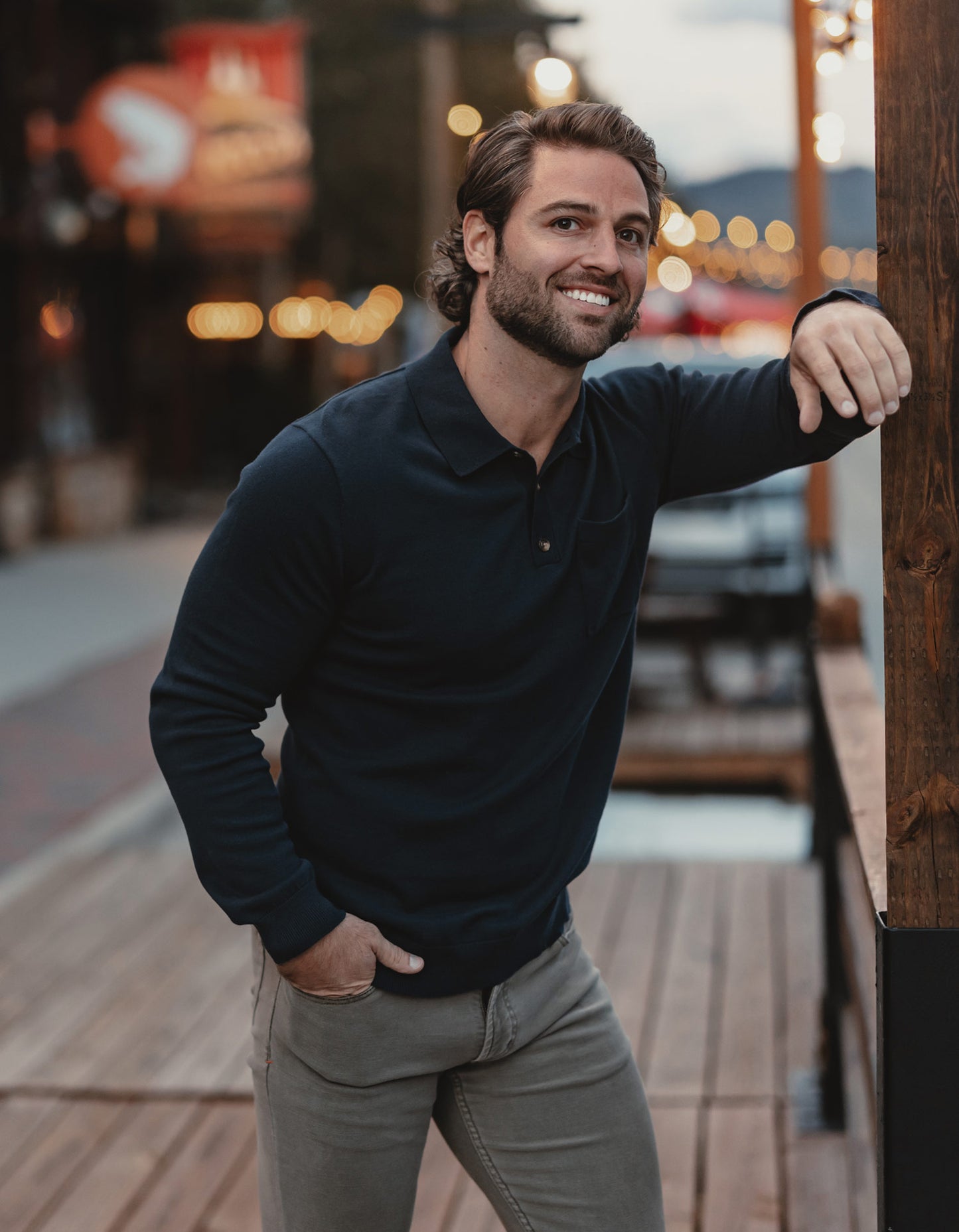 Robles Knit Long Sleeve Polo in Navy