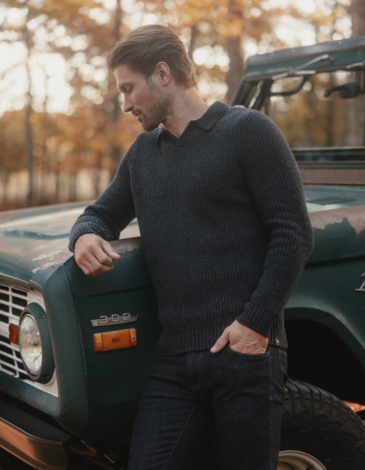 Marled Polo Sweater in Charcoal