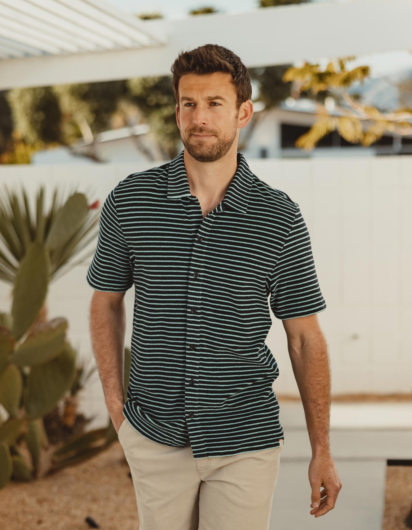 Towel Terry Button Down in Navy/Turquoise Stripe