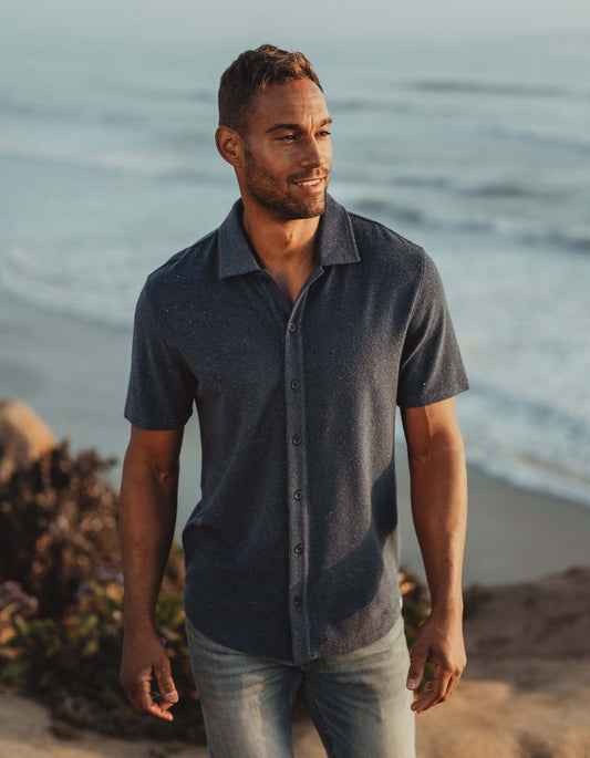 Towel Terry Button Down in Navy/Turquoise Stripe