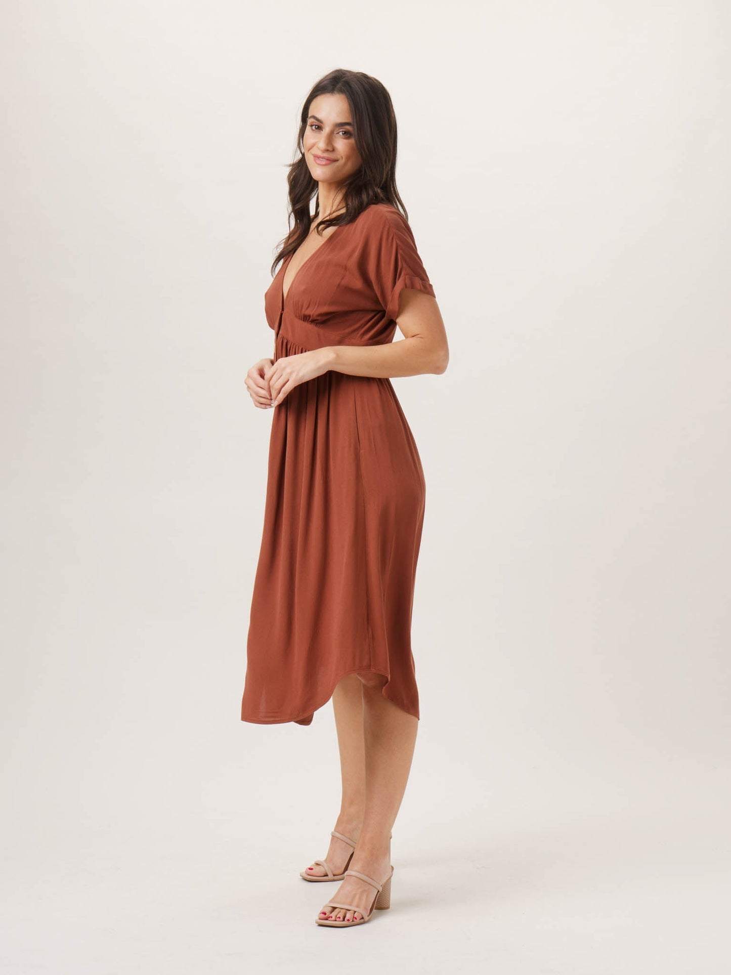 Deep V Button Thru Dress in Clay